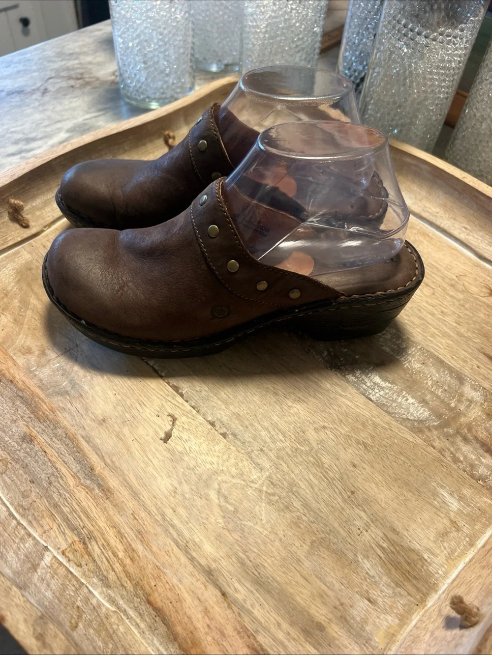 Born Men's Brown Leather Slip-On Clogs with Stud Accents